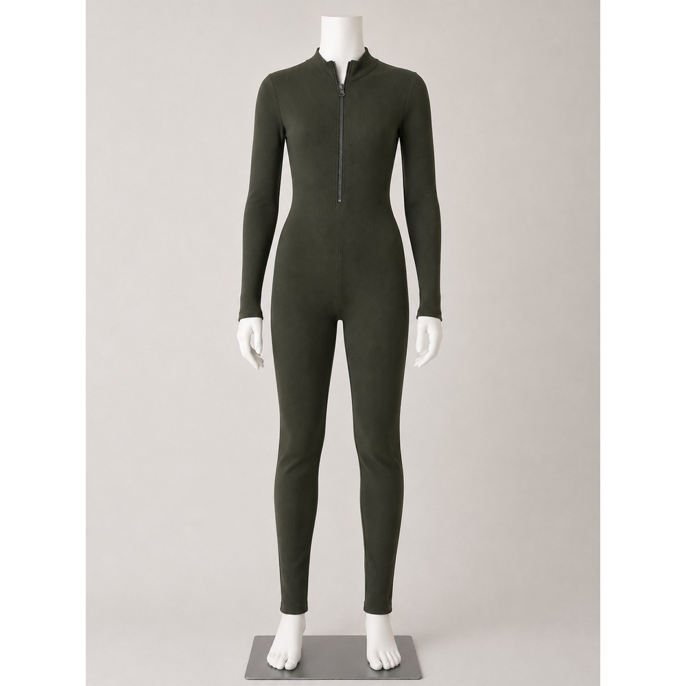Fct Basics Women Olive‎ Green Ribbed Long Sleeve Half Zip Catsuit Jumpsuit